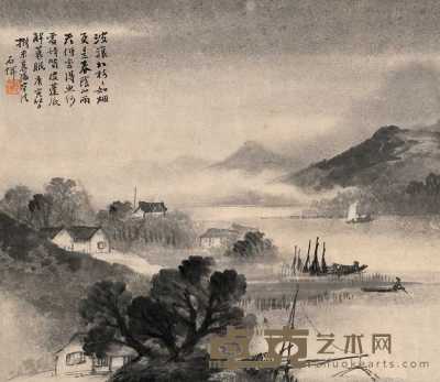 吴石僊 1890年作 春阴小雨 立轴 26.5×30cm